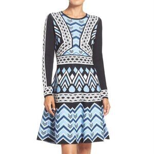 Eliza J Sweater Dress Womens L Fit & Flare Knit Blue White Black Long Sleeve